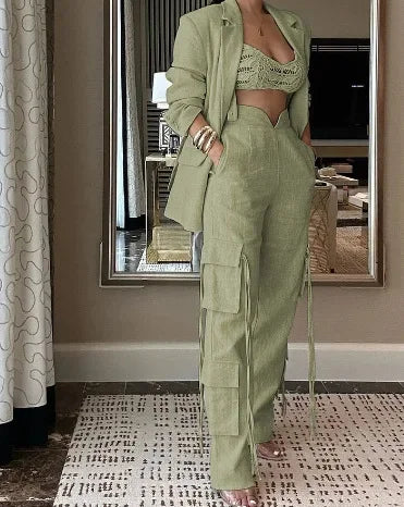 Apricot Top & Wide Leg Pants Set Elegant Women Lace Up Wide Leg Pant Sets Two Piece Set Spring Summer High Waist Trousers Suit