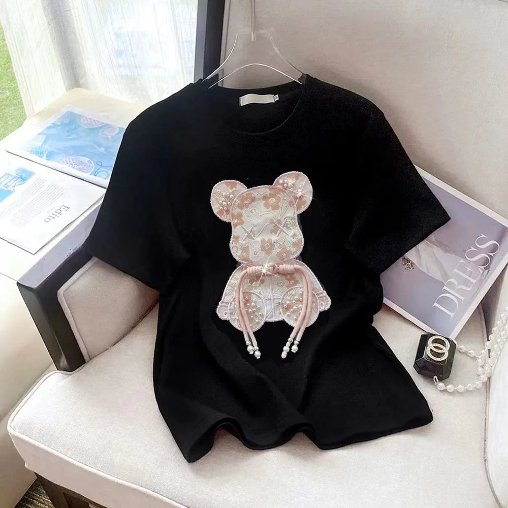 Buckle Pink Bear Beading T-shirt Heavy Handmade Diomand Shiny Bowknot Embroidery T Shirt Summer Tees Top Accessories Clothes