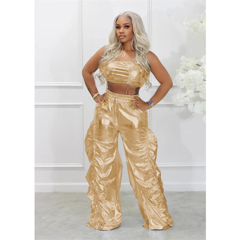 Gold Sliver Metallic Birthday Outfits Women Two Peice Sets Club Party Crop Top and Pants Streetwear Hip Hop Rave Festival Outfit