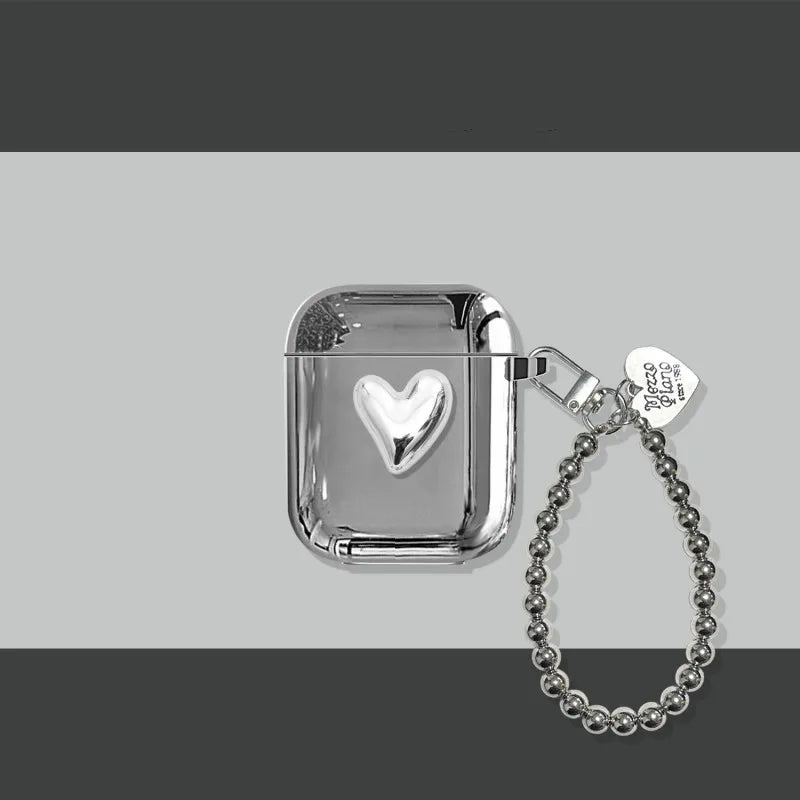 Luxury Electroplated Silver Earphone Box For Apple Airpods Pro2 Case for AirPods 4 1 or 2 3 Cover Simple Abstract Heart Keyring