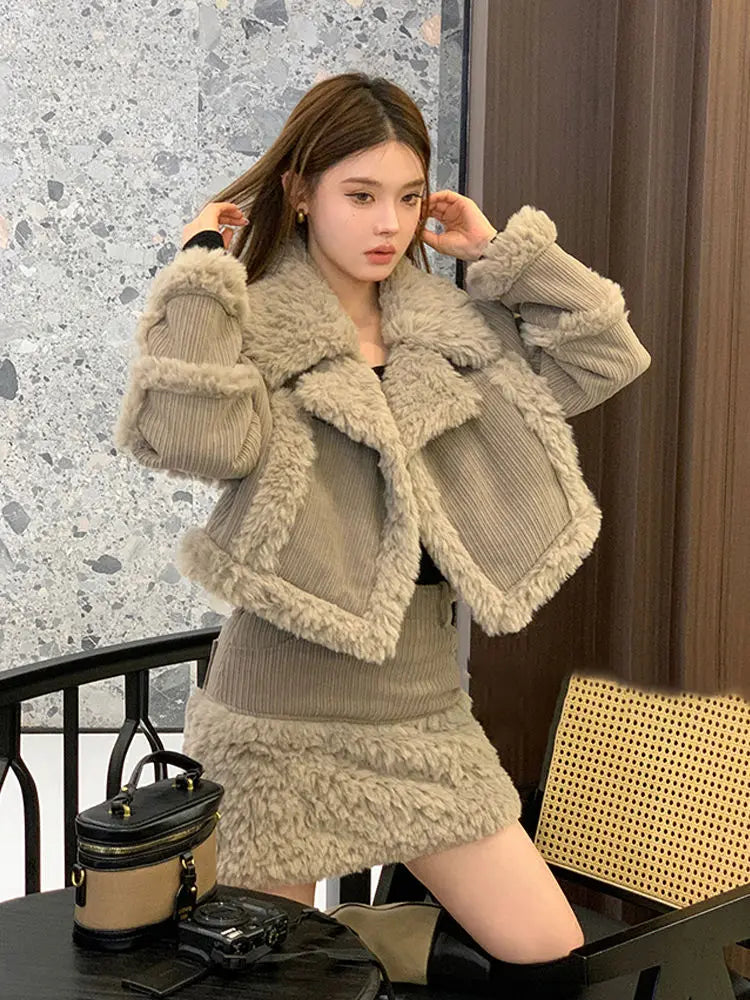 Retro style fashionable splicing furry short coat top high waist skirt short skirt two-piece suit winter women's clothing