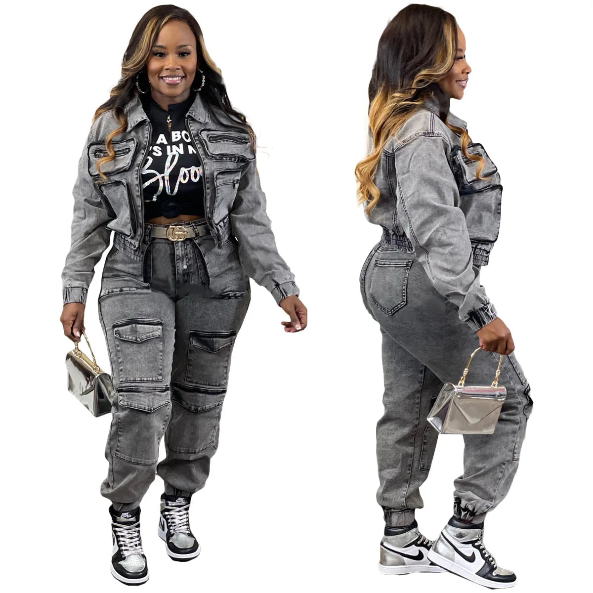 Pant Sets Long Sleeve Women Tracksuit Zipper Denim Coat Cargo Ankle Length Pants Pockets High Street Spliced Slim 2024