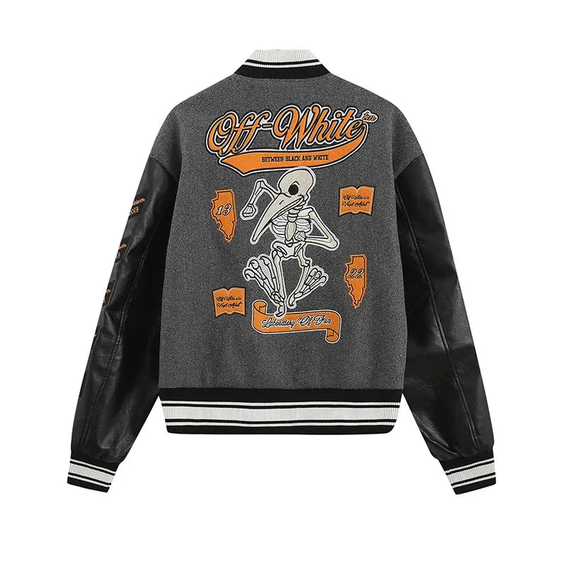 2022 Early Spring New OW Skull Embroidery Woolen Jacket With Cloth Sleeves Heavy Duty Embroidery Casual Style Loose Fit