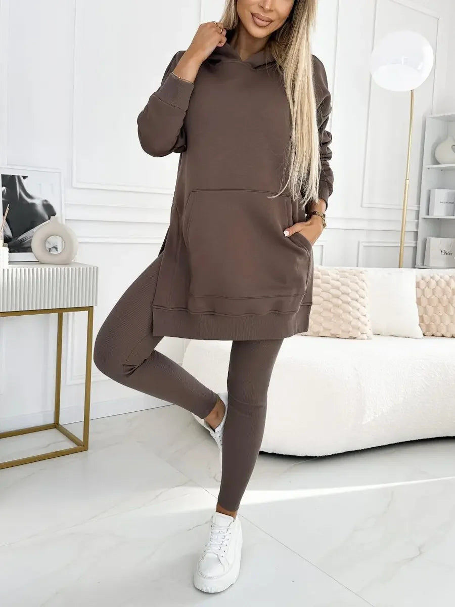 Women Pant Sets Two Pieces Tracksuit Hooded Solid Sweatshirts Pullover Pencil Pants Slim High Street Pockets Ankle Length