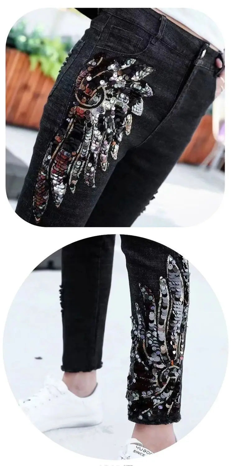 White Sequin Phoenix flower Denim Pants For women's 2025 New Korean Slim Elastic Pencil Skinny Jeans Female Ankle length Pants