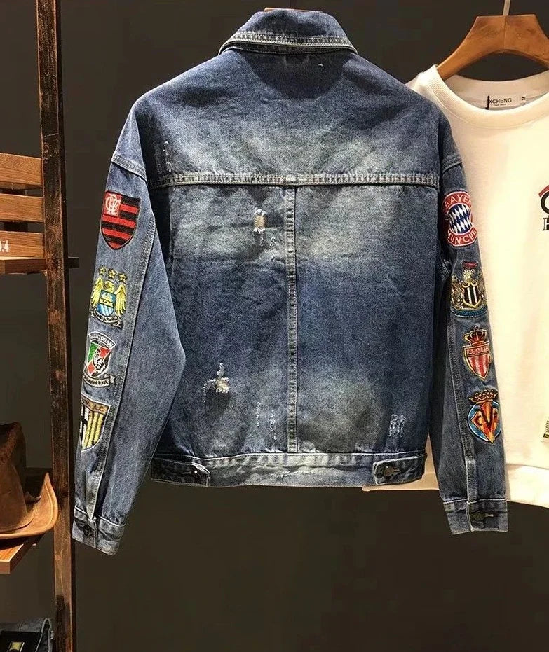 With Embroidery Men's Denim Jacket Autumn Trendy Fashion High Quality Male Jean Coats Fast Delvery Menswear Rock of Fabric Korea