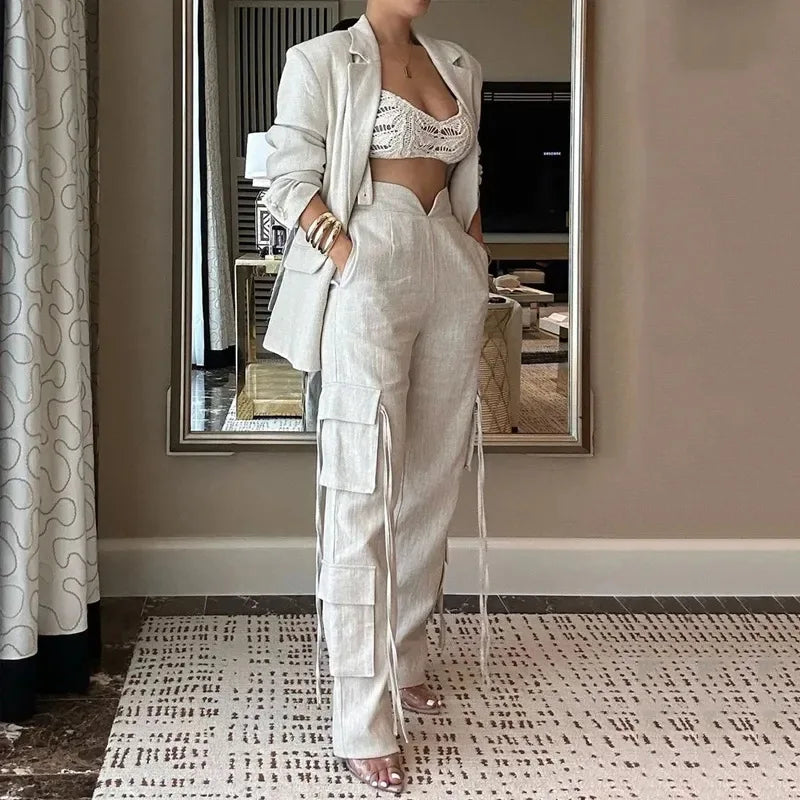 Apricot Top & Wide Leg Pants Set Elegant Women Lace Up Wide Leg Pant Sets Two Piece Set Spring Summer High Waist Trousers Suit