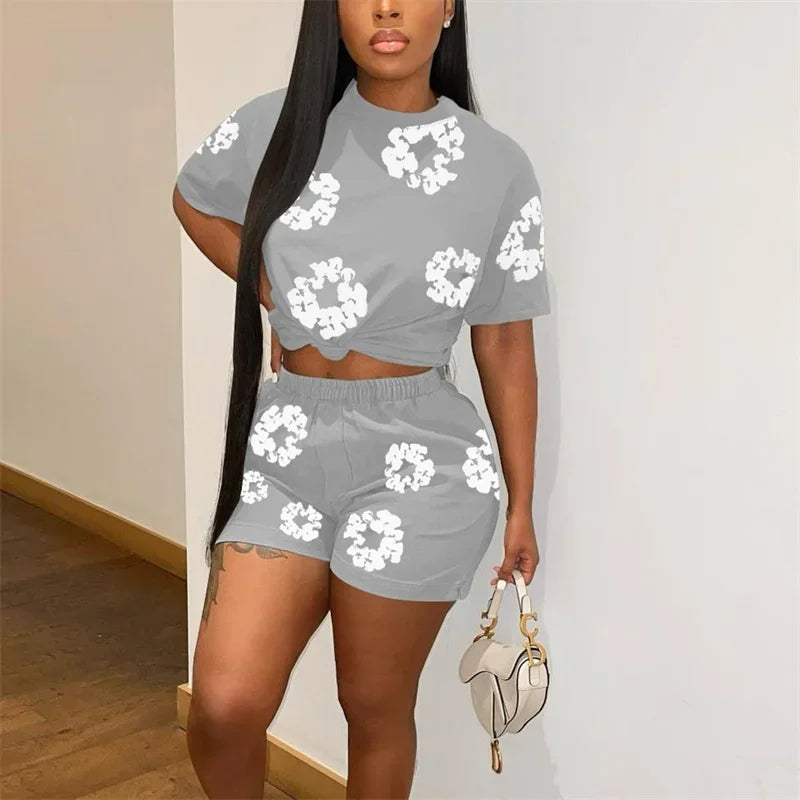 Women Flower Print Casual Sports Suits Summer Short Sleeve T-Shirt Female Commuter 2 Piece Sets Elastic Waist Ultra-short Shorts