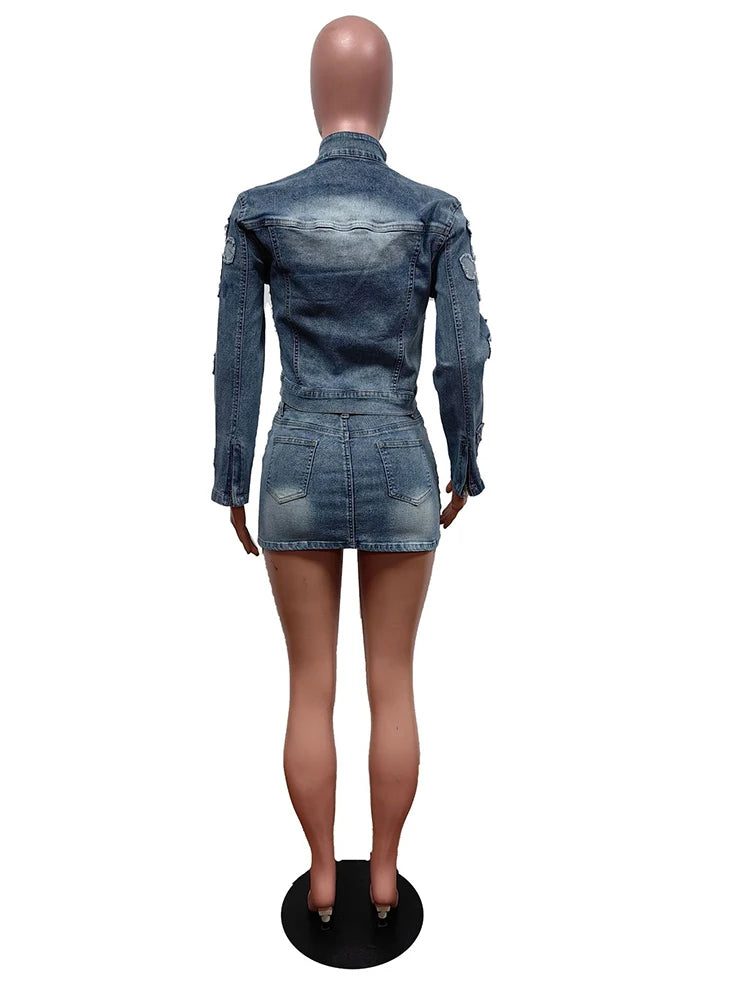 2 Piece Denim Sets Womens Outfits Spring Long Sleeve Zipper Jacket and Mini Skirt Set Sweet Sexy Outfits Wholesale Dropshipping