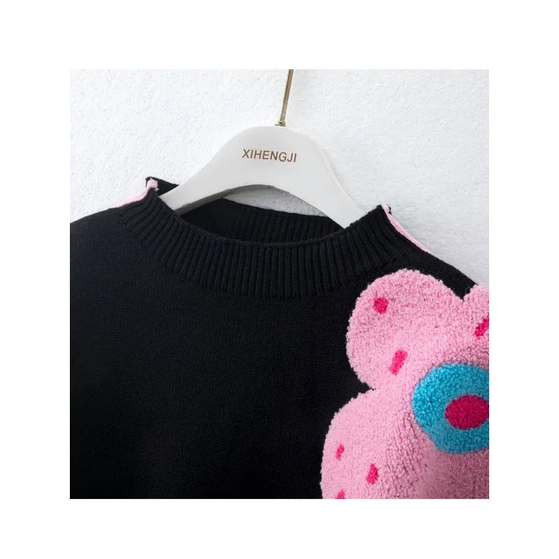 Beautiful Embroidered Black Flower Retro Loose Knitted Sweater Top women  korean fashion  long sleeve top  oversized sweater