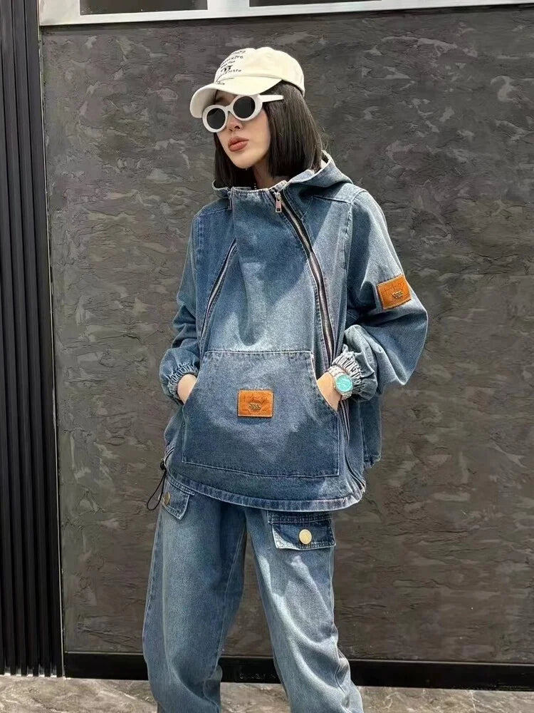 European denim fashion suit for women loose trendy for spring and autumn vintage denim jacket harem pants two-piece set trendy