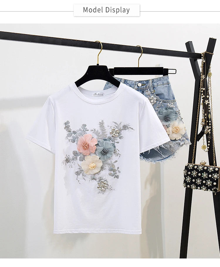 Fashion Cotton T-Shirt Tops + Short Jeans 2 Pieces Sets 2024 New Summer Women's Denim Pants Outfits 3D Flowers Beading Suits