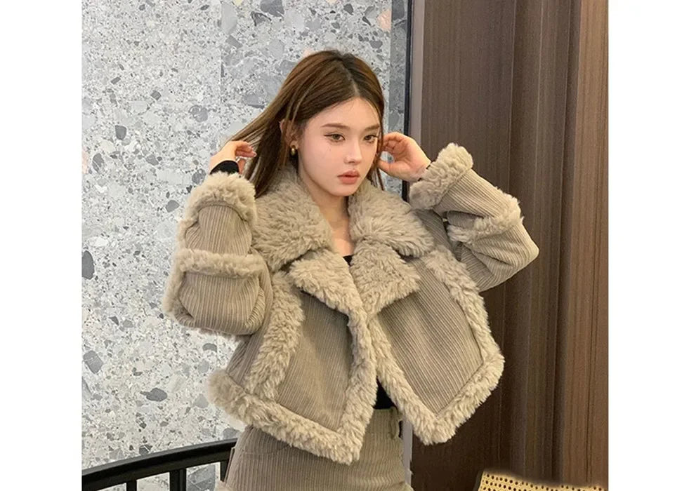 Retro style fashionable splicing furry short coat top high waist skirt short skirt two-piece suit winter women's clothing