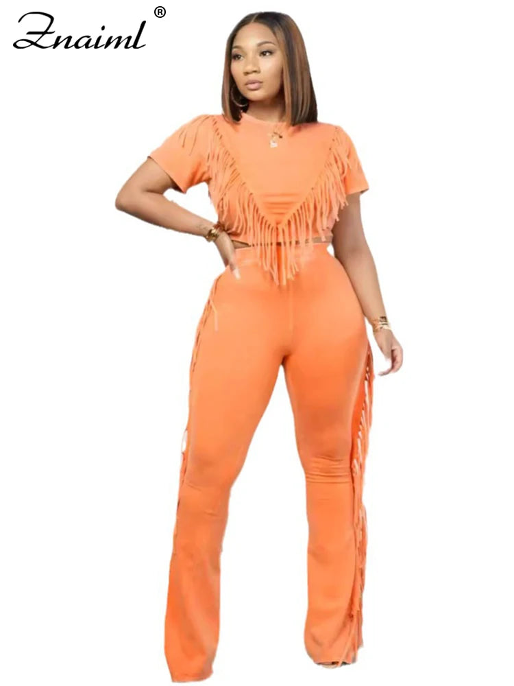 Znaiml Side Fringe Tassel Outfits for Women Wide Leg Flared Pants and Tank Crop Tops Short Sleeve Two 2 Piece Sets Streetwear