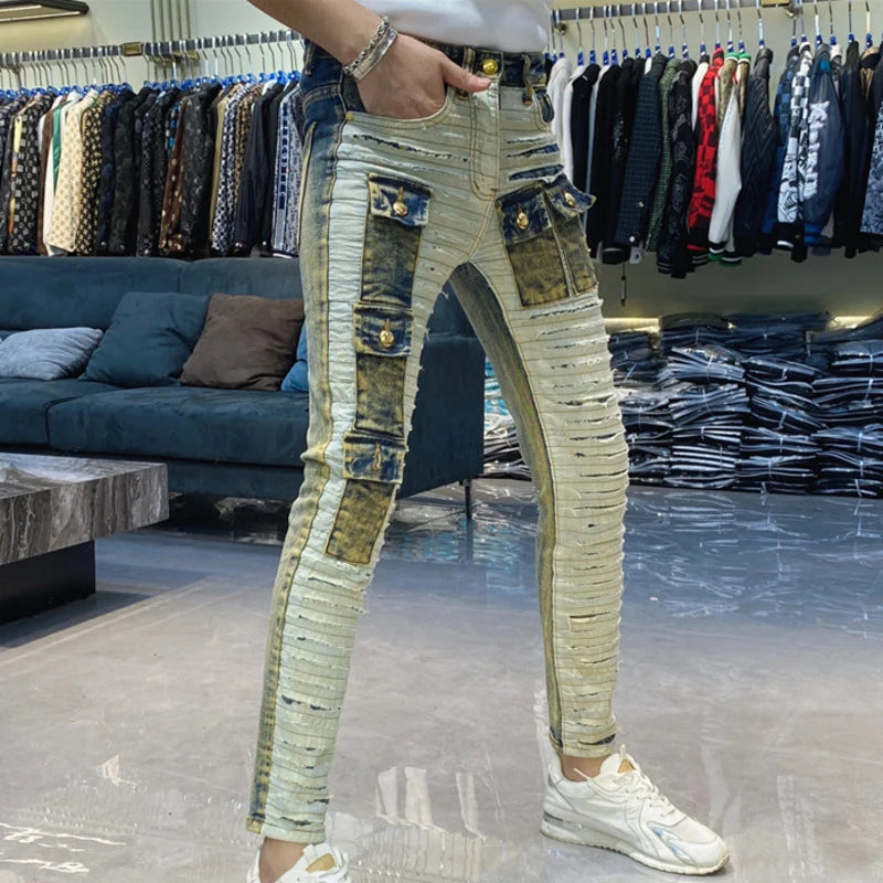 High Street Fashion Washed Vintage High Quality Hip Hop Jeans Vaqueros Hombre Zipper Used Beggar Pants Bootcut Jeans For Men