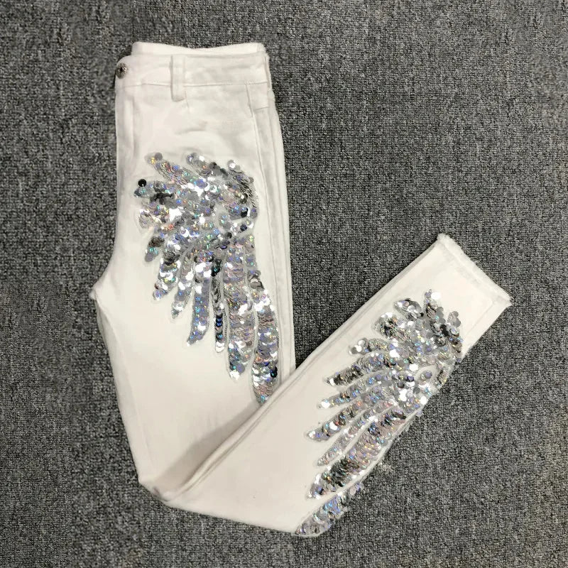 White Sequin Phoenix flower Denim Pants For women's 2025 New Korean Slim Elastic Pencil Skinny Jeans Female Ankle length Pants