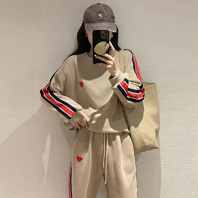 Autumn Cute Love Embroidery Pant Sets Two Pieces Tracksuits Khaki Side Striped Sweatshirt Women Girls Loose Sporty Korean Style