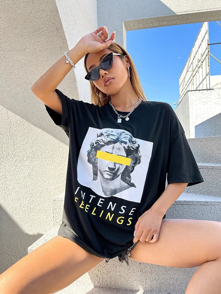 Women Tshirt INTENSE FEELINGS Street Hip Hop Female T-Shirts Loose Oversize Short Sleeve Tops Summer Breathable Tee Clothing