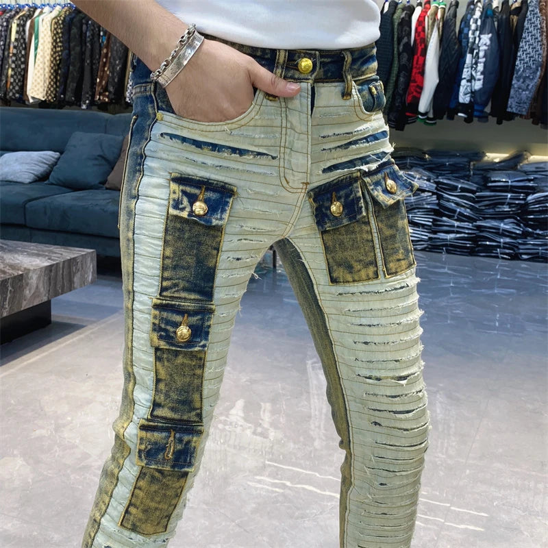 High Street Fashion Washed Vintage High Quality Hip Hop Jeans Vaqueros Hombre Zipper Used Beggar Pants Bootcut Jeans For Men