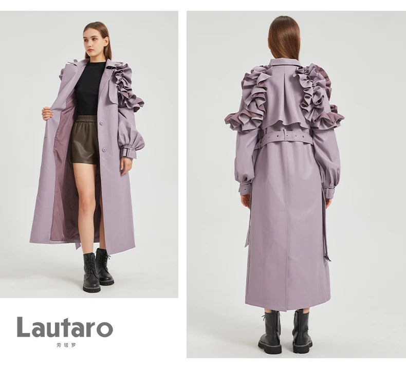 Lautaro Spring Autumn Long Ruffled Soft Pu Leather Trench Coat for Women Belt Elegant Luxury Designer Clothes Runway Fashion