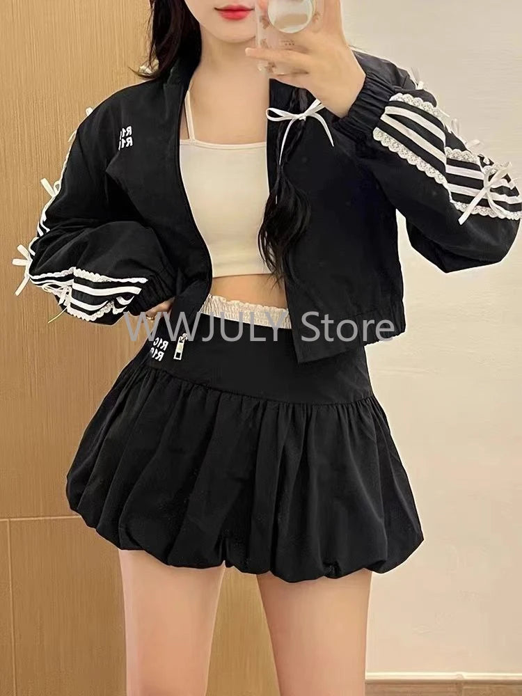 Woman New 2000s Aesthetics Elegant Two Piece Skirt Set Women Sexy Sport Wear Coat + Mini Skirt Suit Female High Street Chic Sets