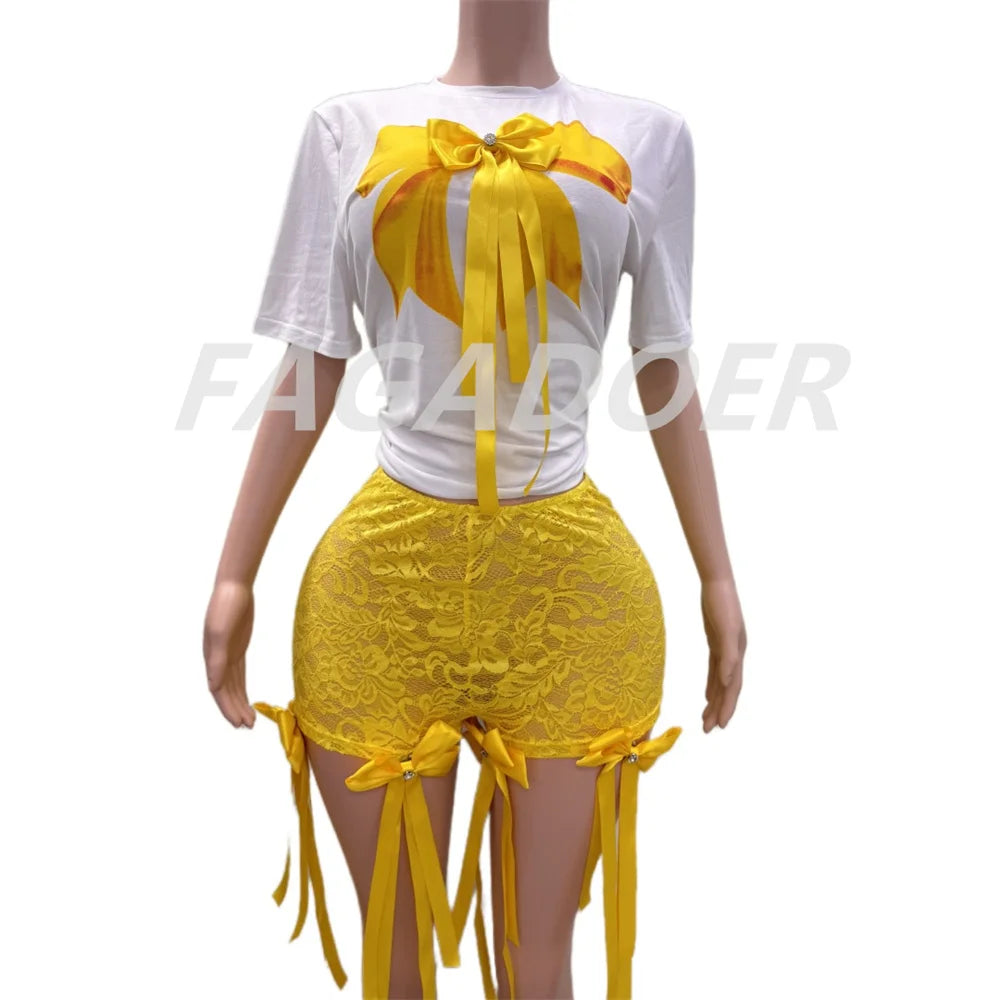 FAGADOER Fashion Y2K Sweet Bow Bandage Lace 2 Piece Sets Outfits Women Round Neck Short Sleeve Top And Shorts Outfits Streetwear