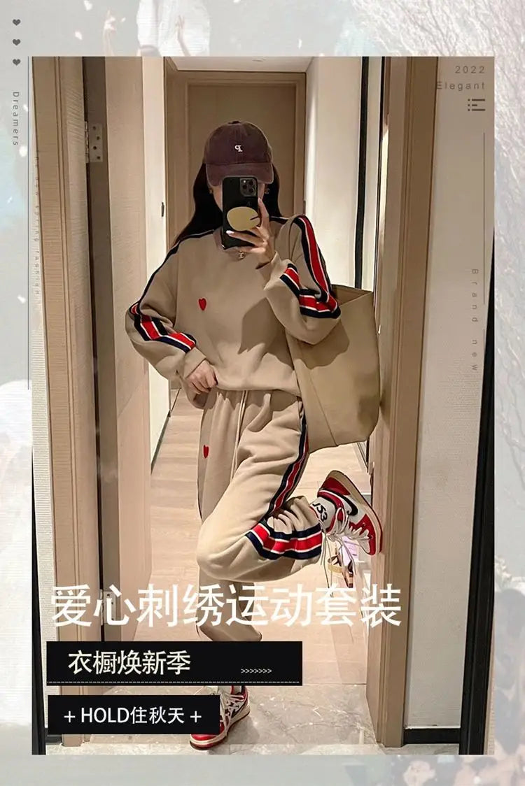 Autumn Cute Love Embroidery Pant Sets Two Pieces Tracksuits Khaki Side Striped Sweatshirt Women Girls Loose Sporty Korean Style