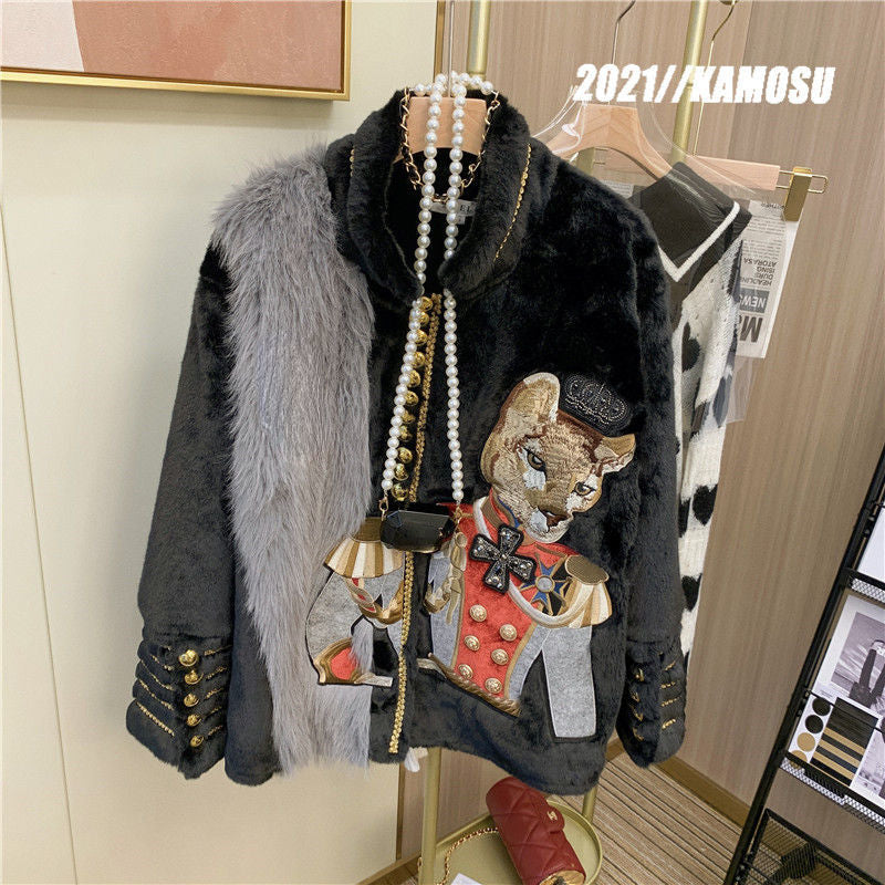 Luxury Women Cartoon Embroidery Faux Mink Fur Stitching Jacket Stand Collar Velvet Coat OL Furry Cardigan Flocking Tops Jaqueta