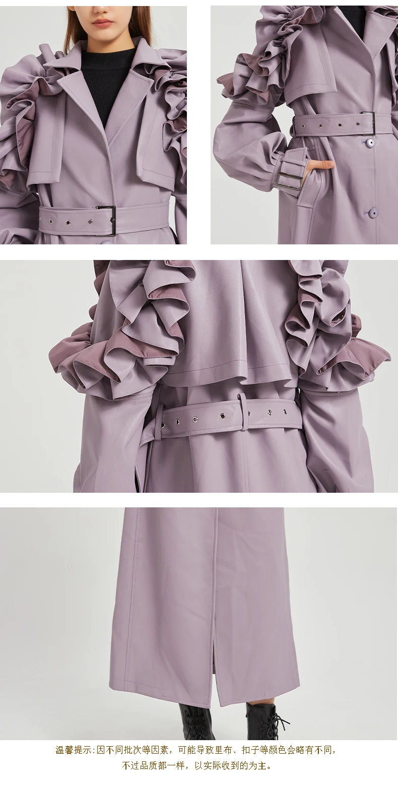 Lautaro Spring Autumn Long Ruffled Soft Pu Leather Trench Coat for Women Belt Elegant Luxury Designer Clothes Runway Fashion