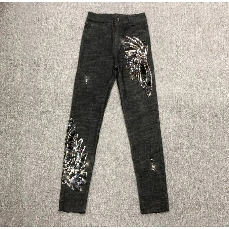 White Sequin Phoenix flower Denim Pants For women's 2025 New Korean Slim Elastic Pencil Skinny Jeans Female Ankle length Pants