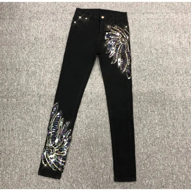 White Sequin Phoenix flower Denim Pants For women's 2025 New Korean Slim Elastic Pencil Skinny Jeans Female Ankle length Pants