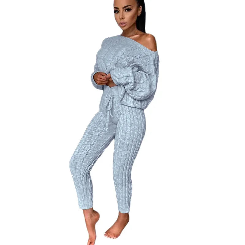 Women Set Two Piece Sets Autumn and Winter  Women O-neck Pullover Woolen Trousers Pants Suit Solid Casual Knitted Sweatshirt Set