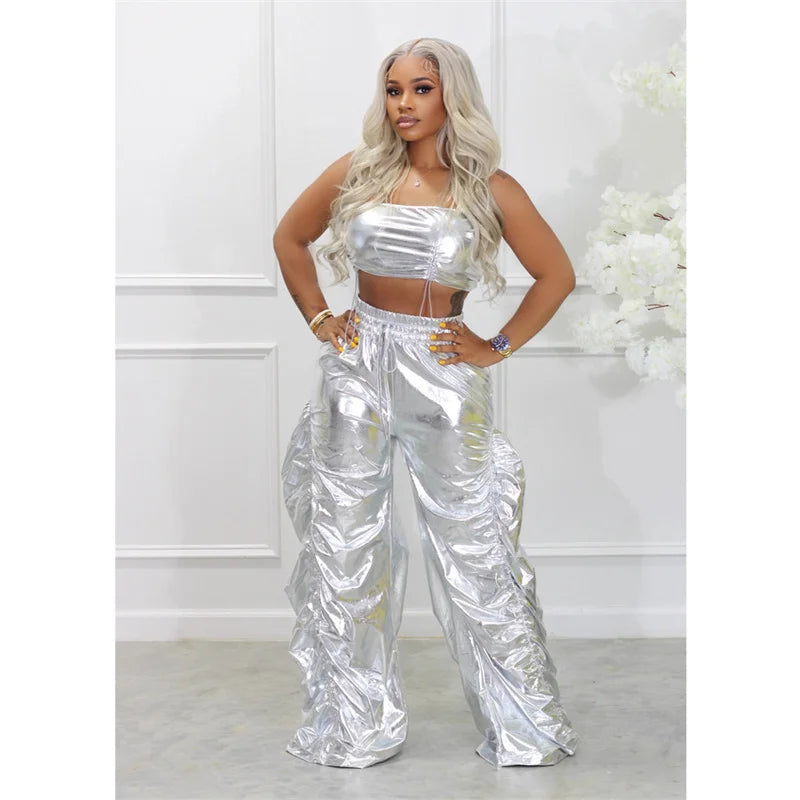 Gold Sliver Metallic Birthday Outfits Women Two Peice Sets Club Party Crop Top and Pants Streetwear Hip Hop Rave Festival Outfit