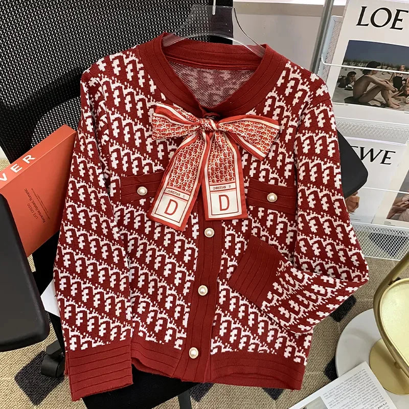 2024 New Spring Autumn Sweater Jacket Women's Design Fashion Knitted Cardigan Coat Red Pink Black Grey Knitwear Tops Female