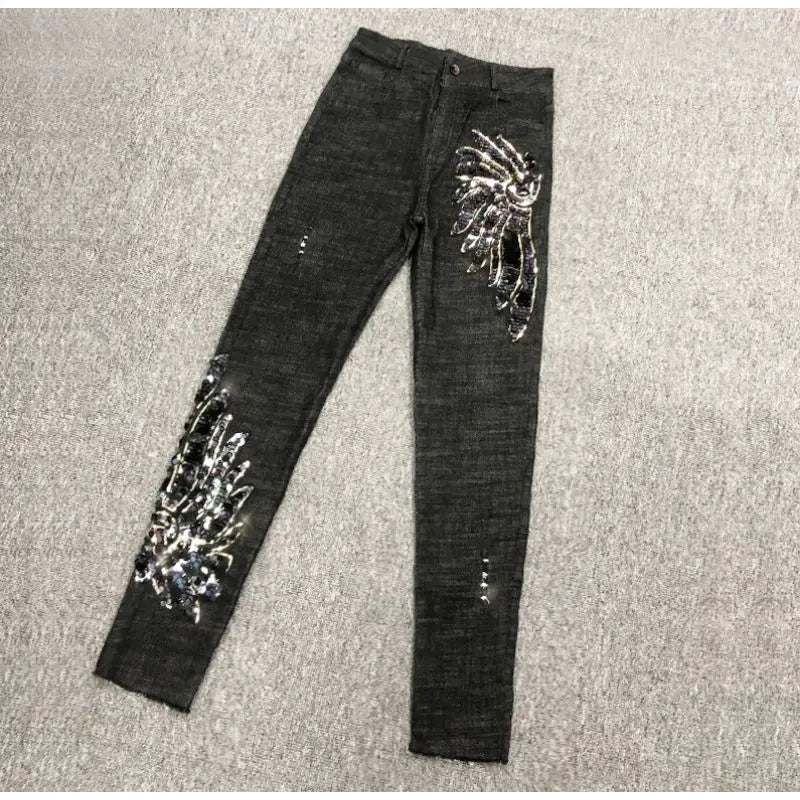 White Sequin Phoenix flower Denim Pants For women's 2025 New Korean Slim Elastic Pencil Skinny Jeans Female Ankle length Pants