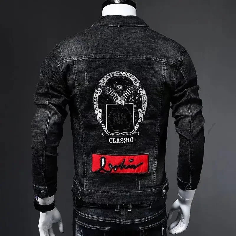 With Embroidery Men's Denim Jacket Autumn Trendy Fashion High Quality Male Jean Coats Fast Delvery Menswear Rock of Fabric Korea