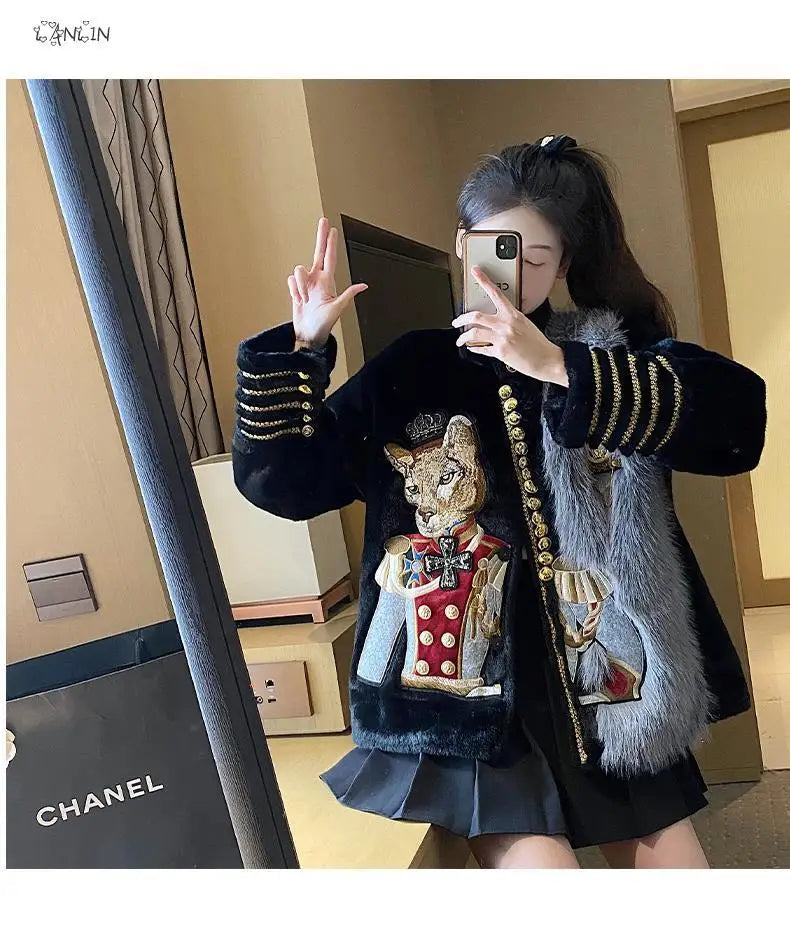 Luxury Women Cartoon Embroidery Faux Mink Fur Stitching Jacket Stand Collar Velvet Coat OL Furry Cardigan Flocking Tops Jaqueta