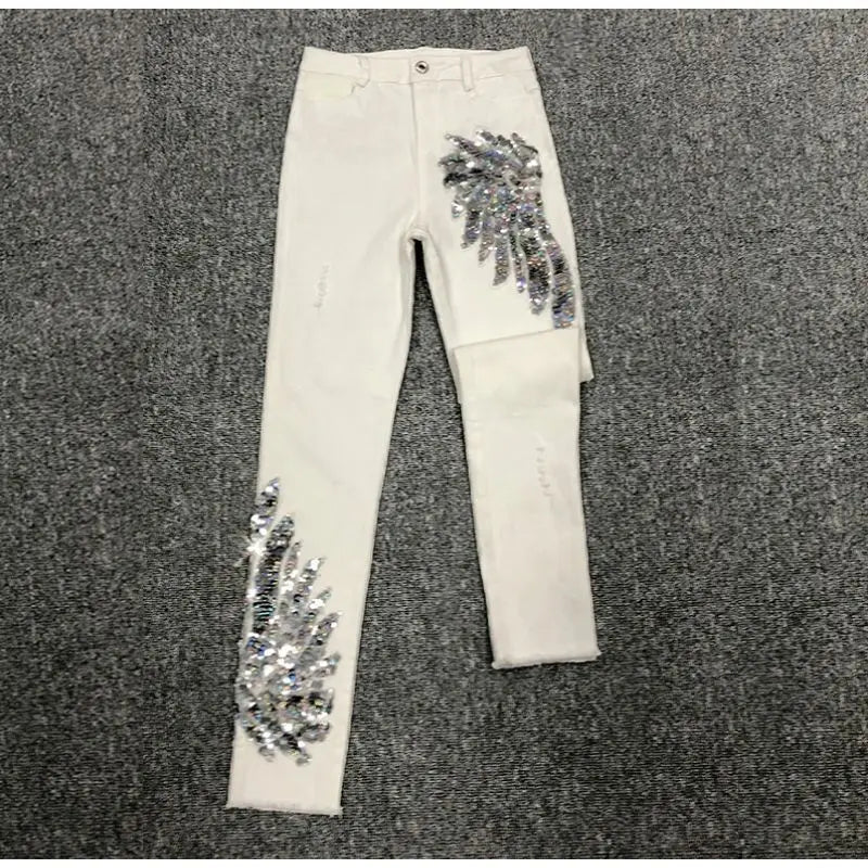 White Sequin Phoenix flower Denim Pants For women's 2025 New Korean Slim Elastic Pencil Skinny Jeans Female Ankle length Pants