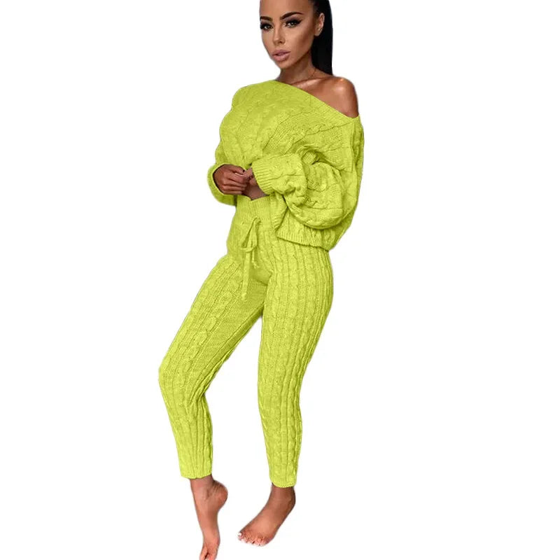 Women Set Two Piece Sets Autumn and Winter  Women O-neck Pullover Woolen Trousers Pants Suit Solid Casual Knitted Sweatshirt Set