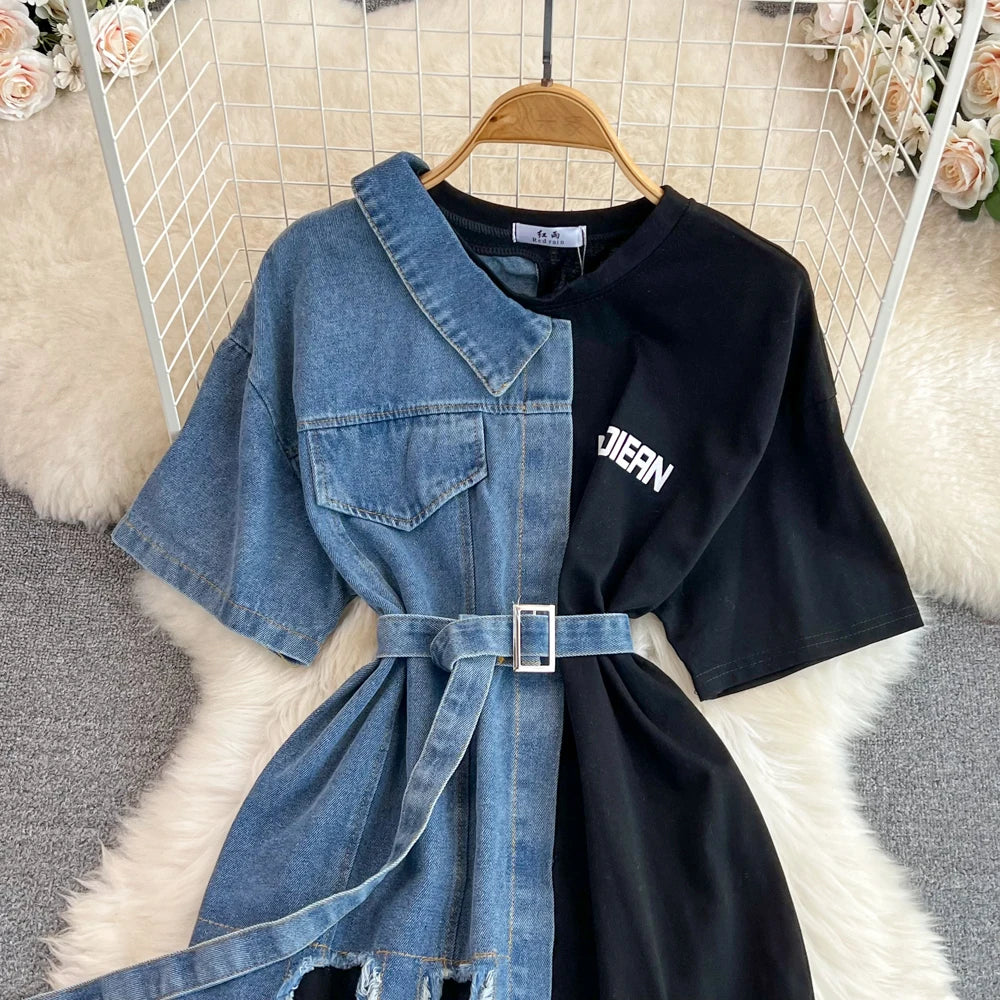 Elegant Summer Women Patchwork Denim Shirts Vintage Casual Slim Blouses Tops with Belted Female Fashion Pullover Clothes New