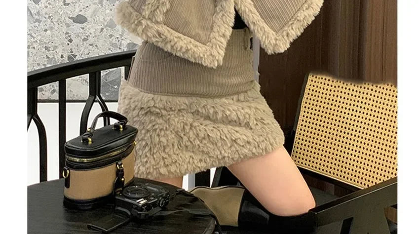 Retro style fashionable splicing furry short coat top high waist skirt short skirt two-piece suit winter women's clothing