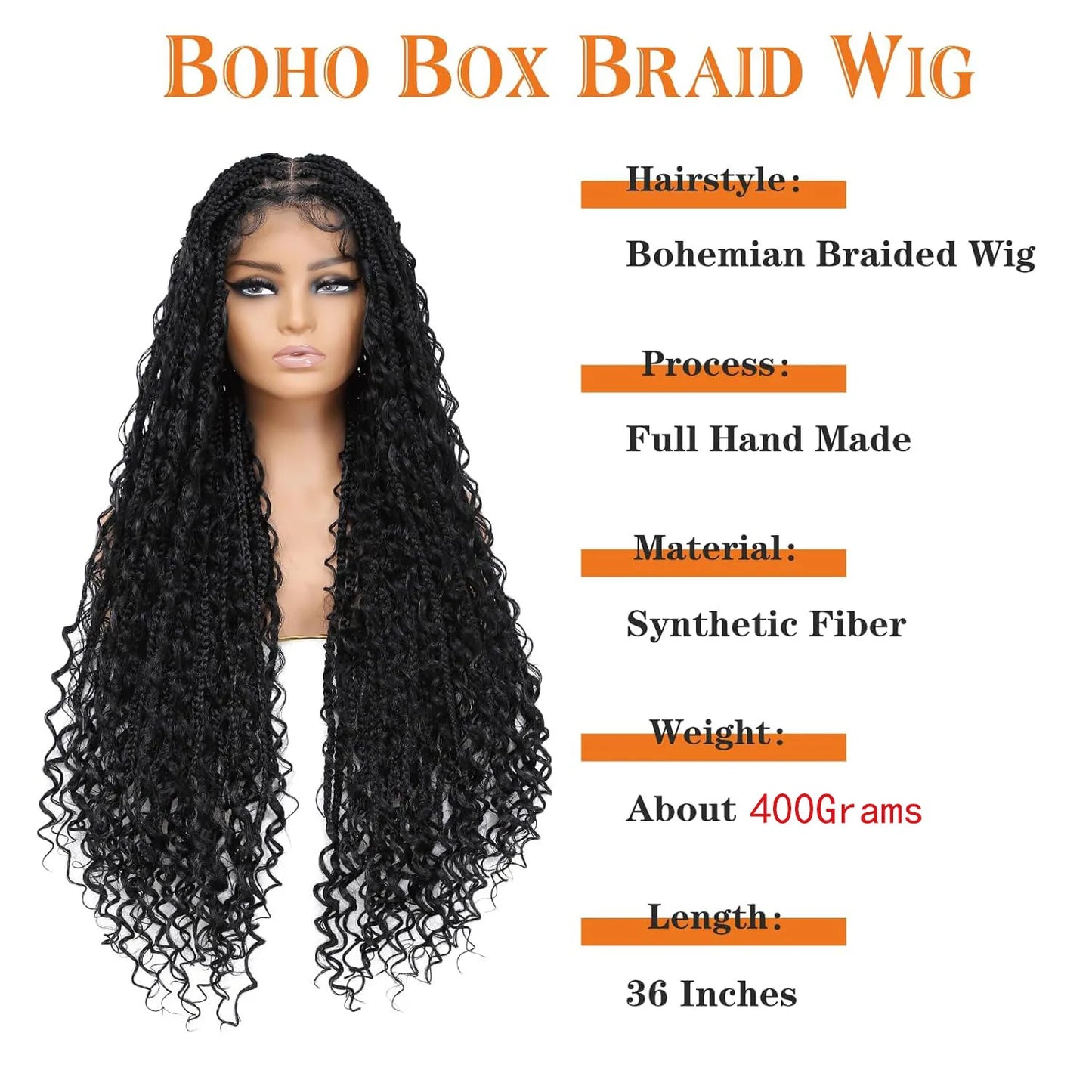 Synthetic 36" Bohemian Braided Wigs Boho Box Braid Wigs for Black Women Twisted Braids Full Lace Braided Wigs with Baby Hair