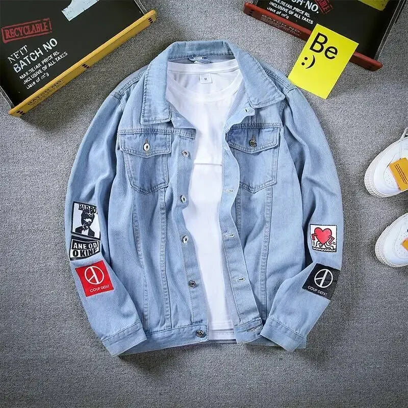 With Embroidery Men's Denim Jacket Autumn Trendy Fashion High Quality Male Jean Coats Fast Delvery Menswear Rock of Fabric Korea