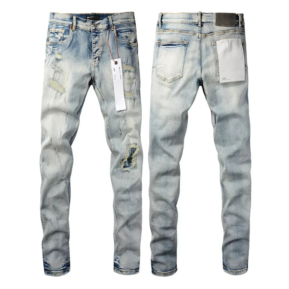 American Purples Jeans men Fashion brands top quality High Street Blue Patch Repair Low Rise Skinny Denim pants 28-40 size