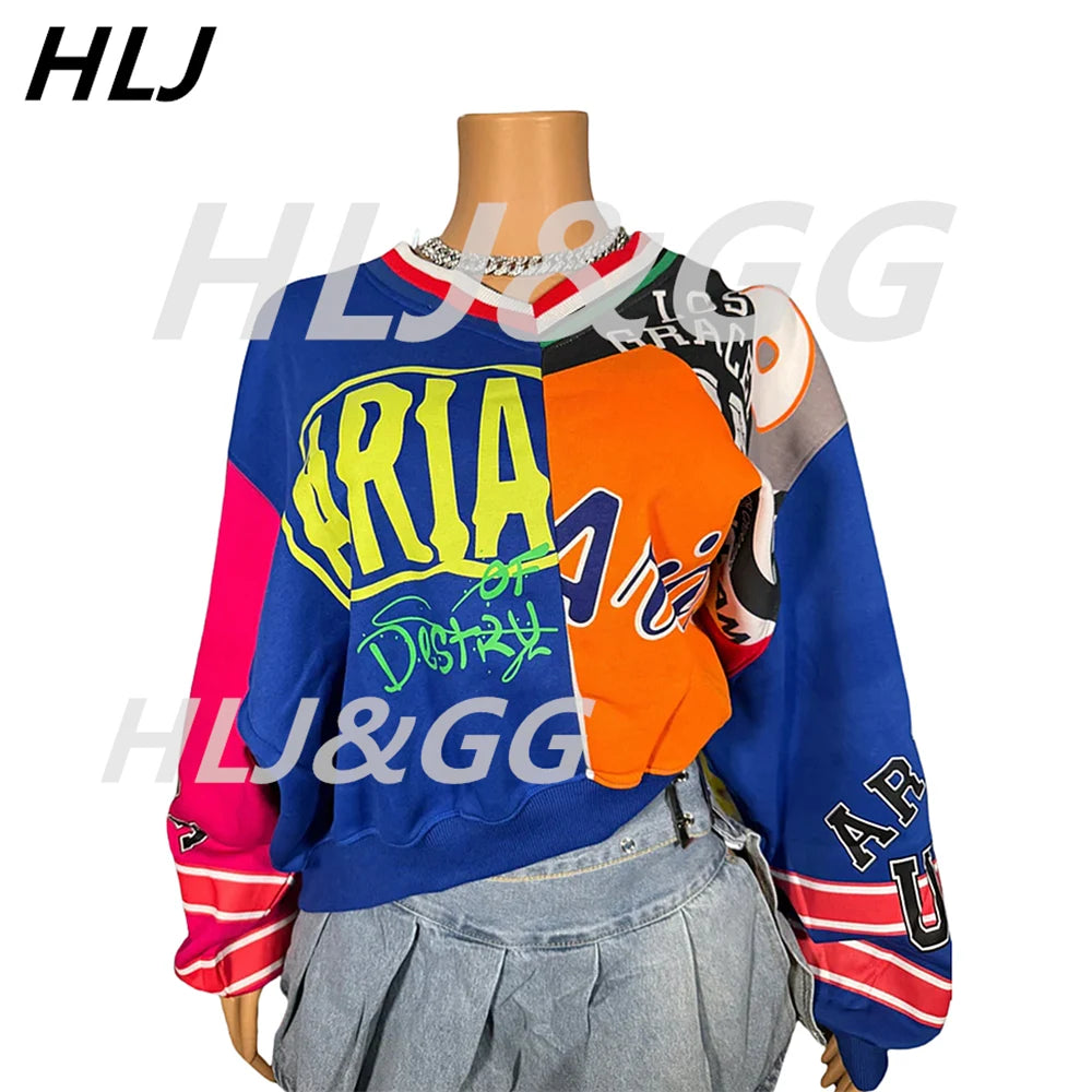 HLJ Fashion Y2K Letter Print Pullover Two Piece Sets Women V Neck Long Sleeve Top And Mini Pleated Skirts Outfit Female Clothing