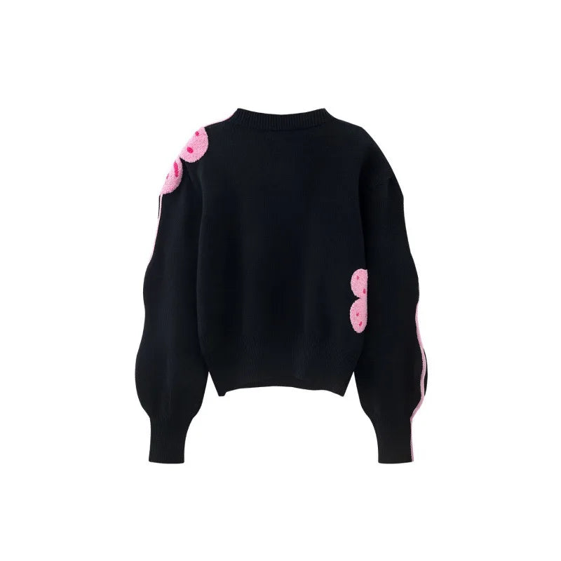 Beautiful Embroidered Black Flower Retro Loose Knitted Sweater Top women  korean fashion  long sleeve top  oversized sweater