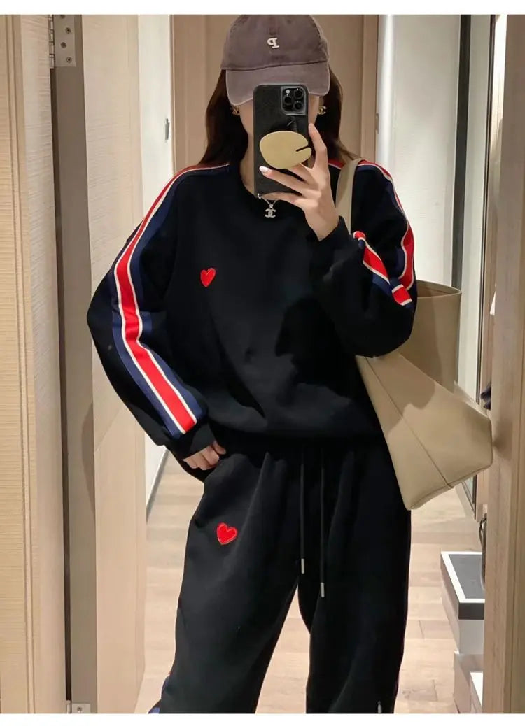 Autumn Cute Love Embroidery Pant Sets Two Pieces Tracksuits Khaki Side Striped Sweatshirt Women Girls Loose Sporty Korean Style