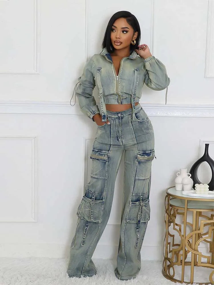 2 Piece Set for Women Winter Long Sleeve Denim Jacket and Jeans Streetwear Sexy Stretchy Denim Pant Sets Wholesale Dropshipping