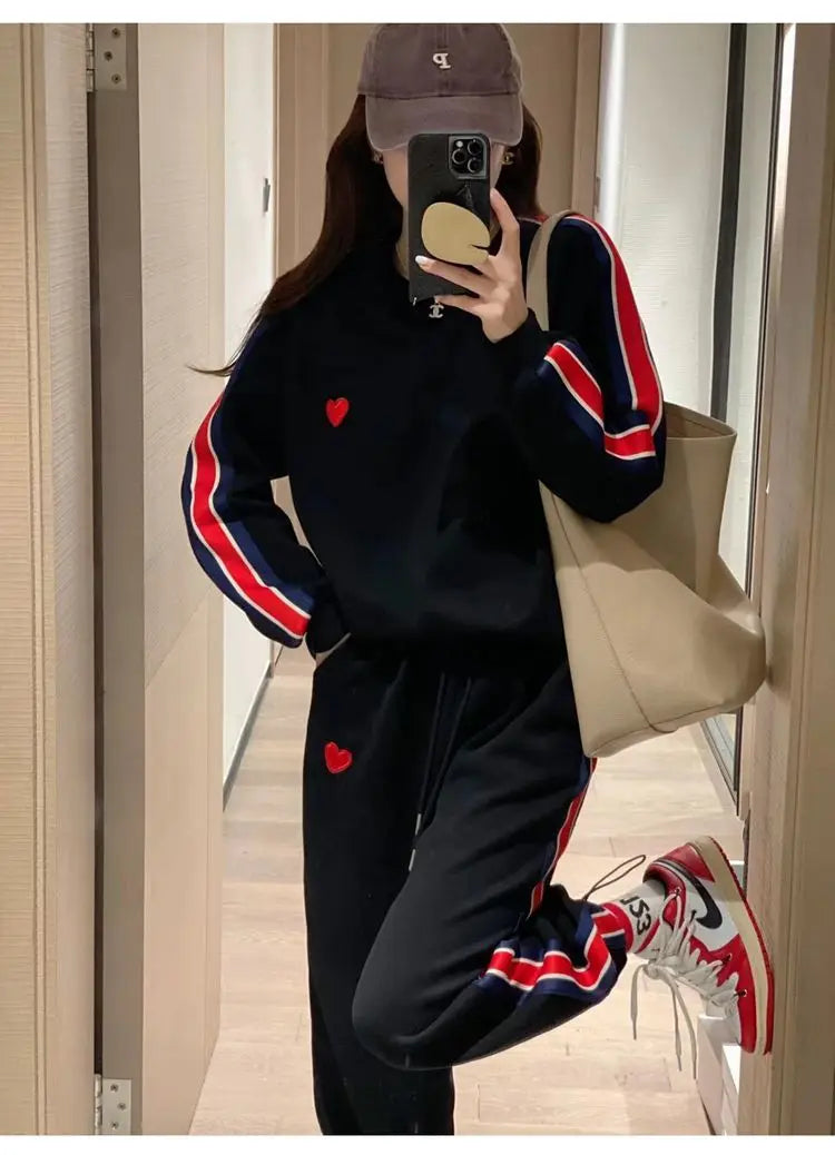 Autumn Cute Love Embroidery Pant Sets Two Pieces Tracksuits Khaki Side Striped Sweatshirt Women Girls Loose Sporty Korean Style