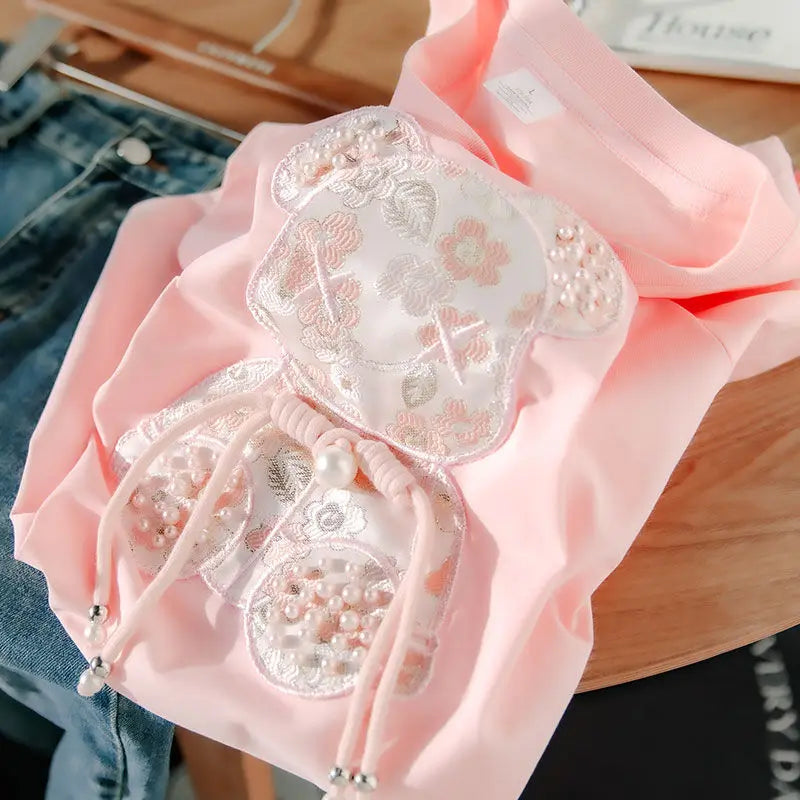 Buckle Pink Bear Beading T-shirt Heavy Handmade Diomand Shiny Bowknot Embroidery T Shirt Summer Tees Top Accessories Clothes